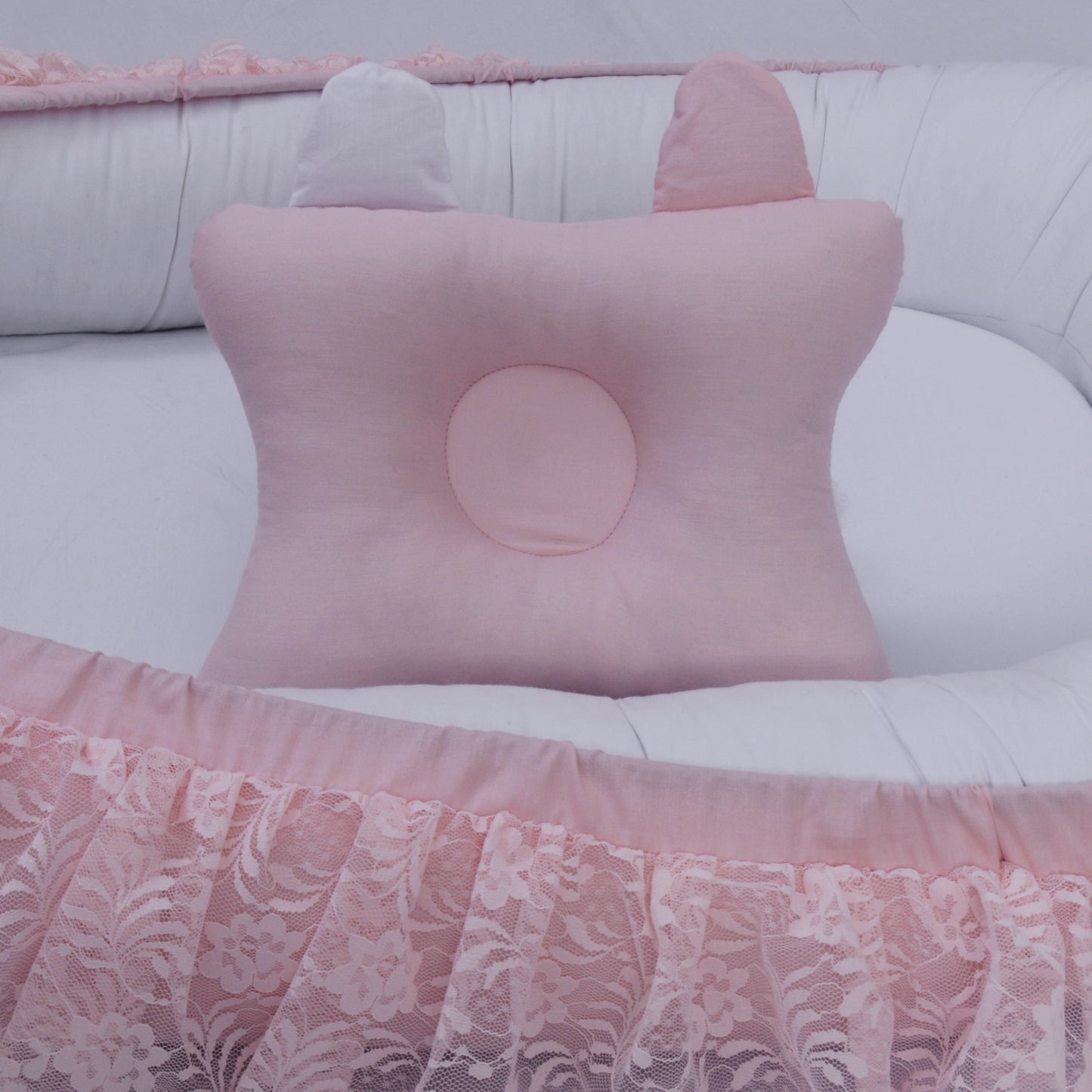 Frilly Lacy Baby Nest with Pillow-Pink & White