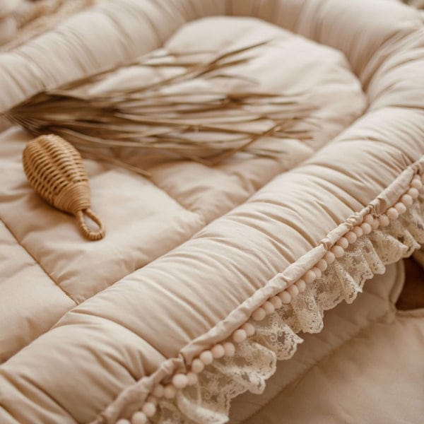 Luxury Cotton Baby Nest with pom poms-Beige
