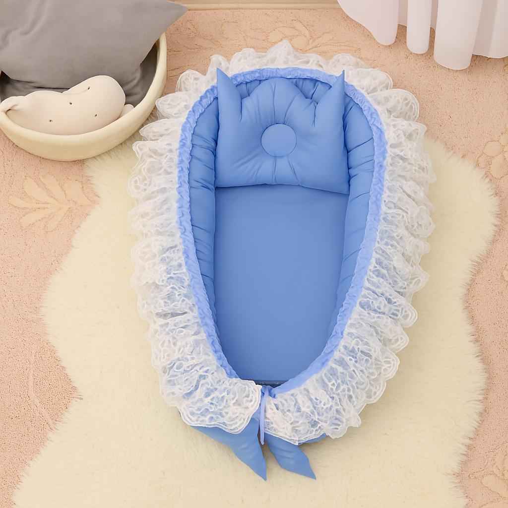 Frilly Lacy Baby Nest with Crown Head Pillow-Sky Blue