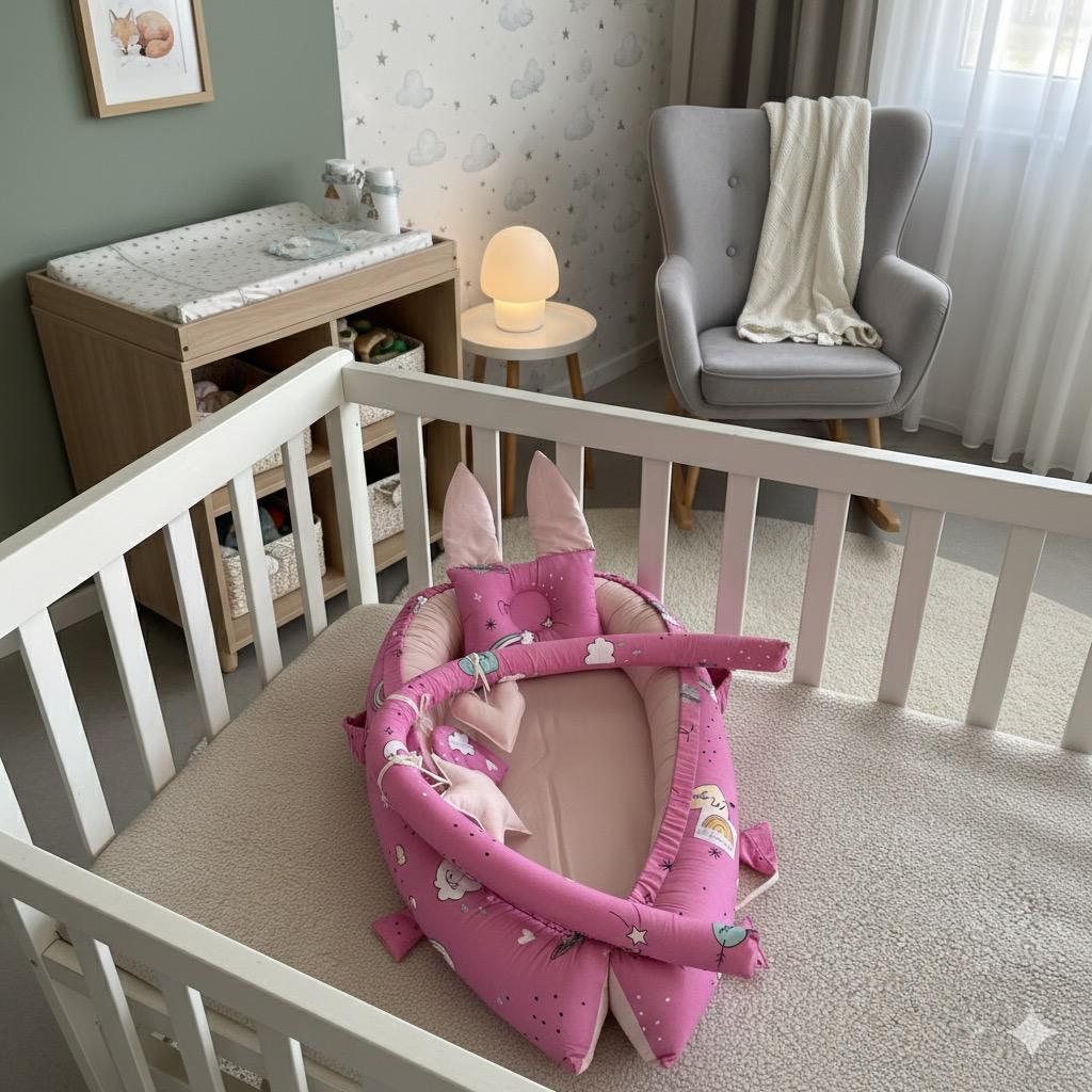 Printed Cotton Baby Snuggle Bed with Hanging Rod & Head Pillow-Pink