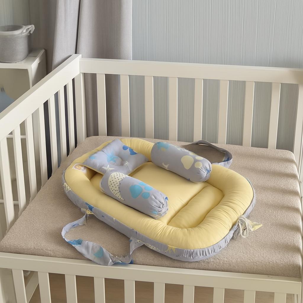 Printed Cotton  Baby Nest- 4 Pcs- Yellow Moon&Star