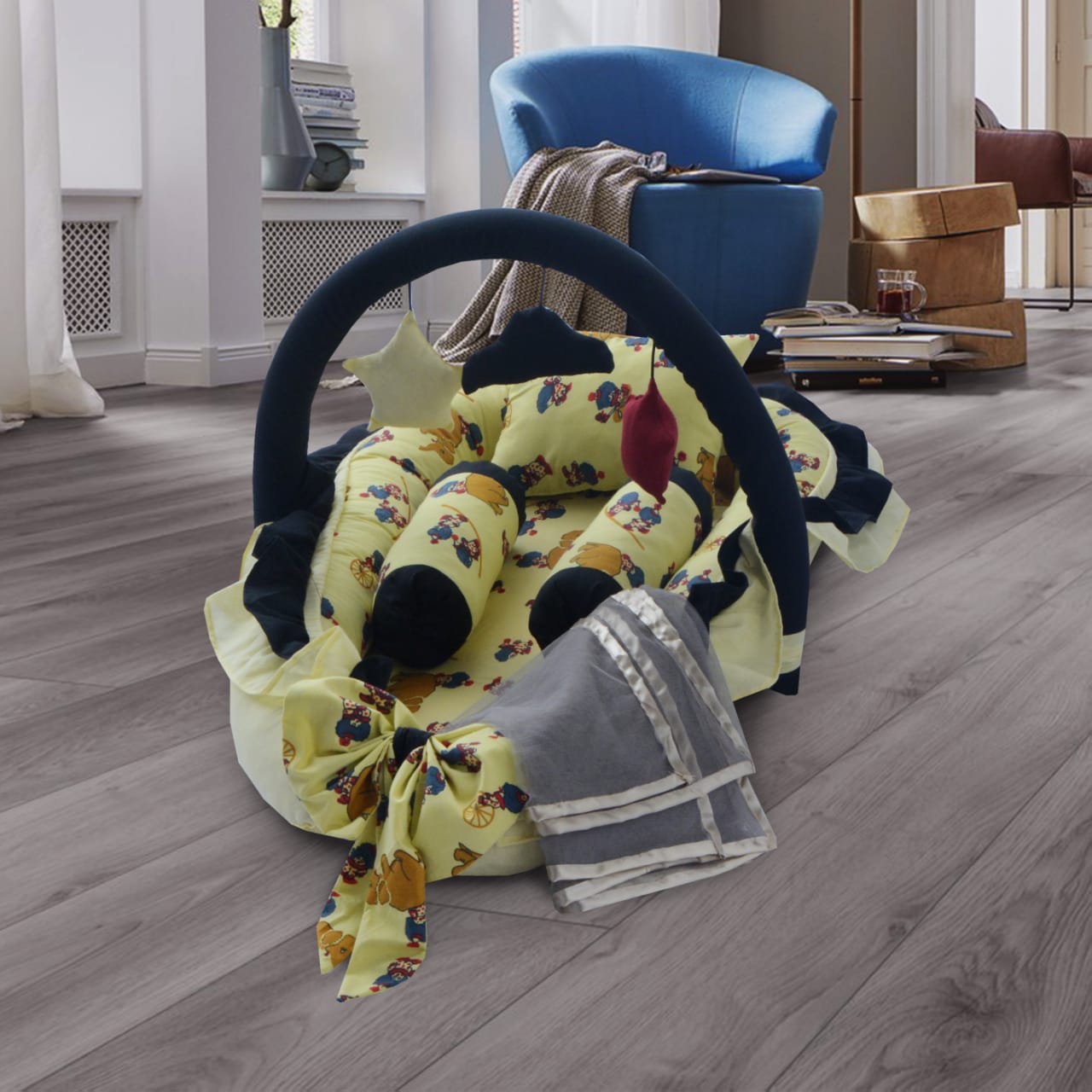 Frilly Cotton Baby Snuggle Bed with Mosquito Net-Yellow