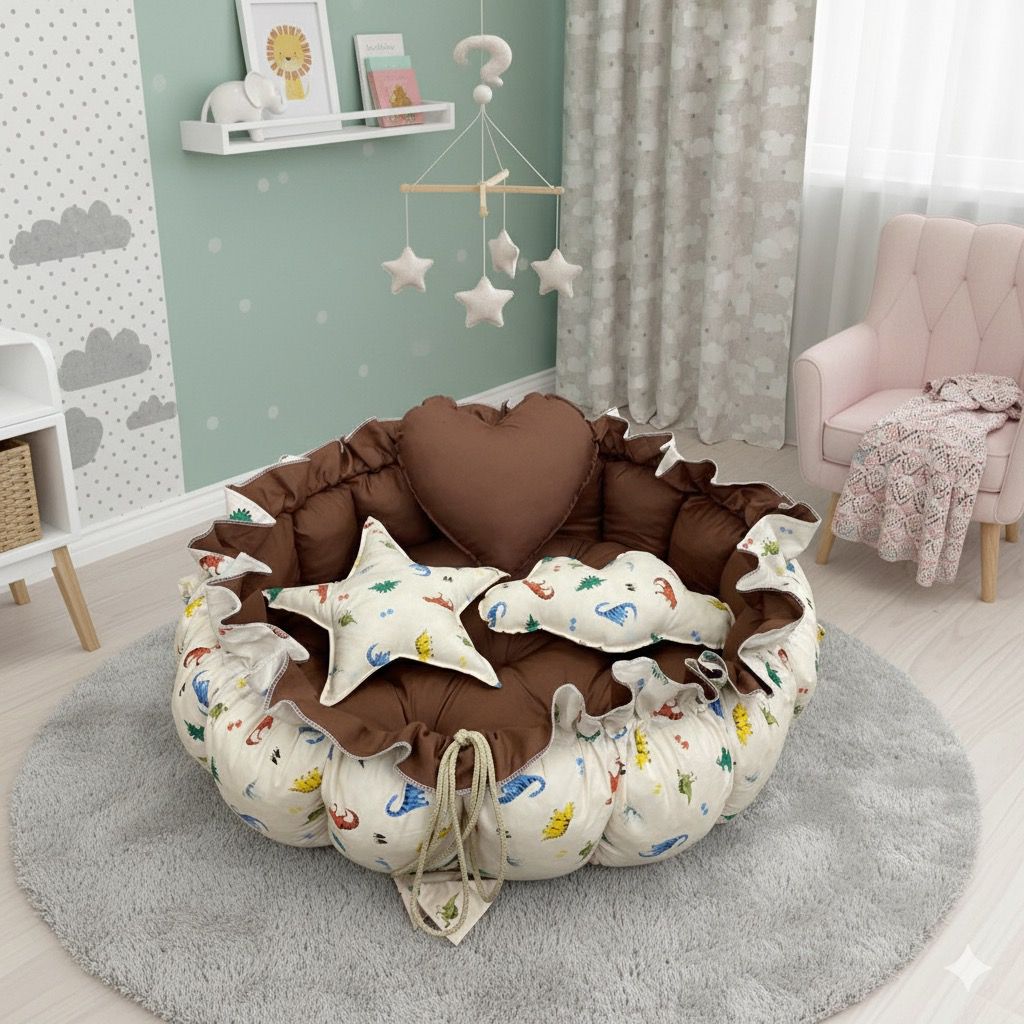 Printed Cotton Baby Round Cot with Pillows-Brown Animal