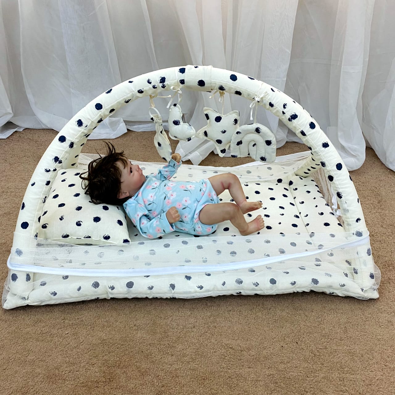 Baby Snuggle Mosquito Net with Pillow & Toy Hangings- White Dotted