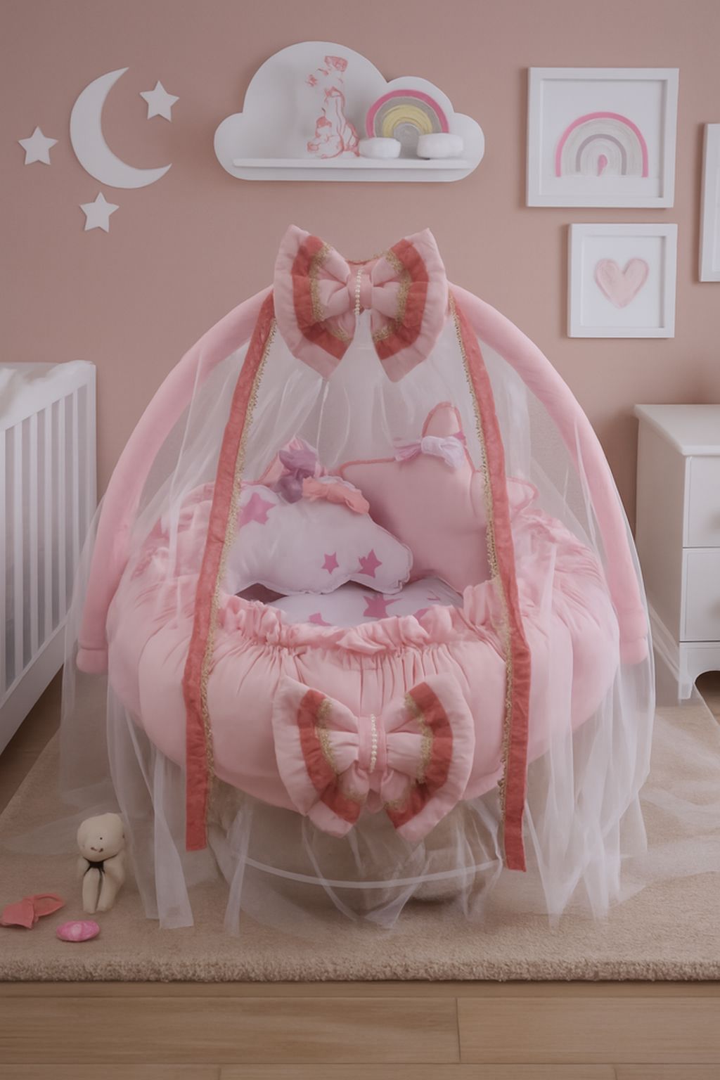 Luxury Baby Round Cot with Pillows & Net- Pink Star