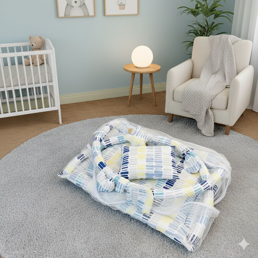 Baby Snuggle Mosquito Net with Pillow & Toy Hangings- White Lining