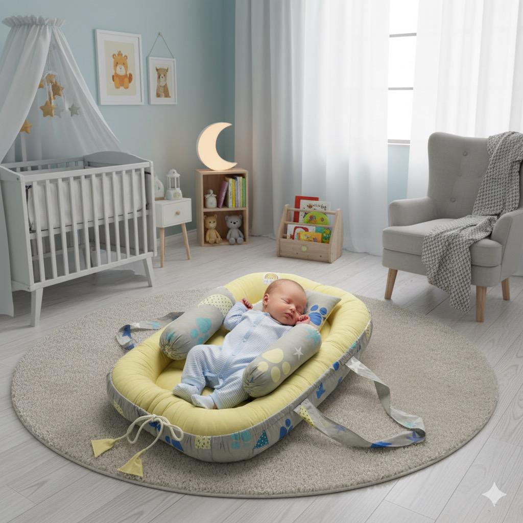 Printed Cotton  Baby Nest- 4 Pcs- Yellow Moon&Star