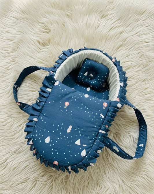 Printed Cotton Baby  Basket with Head Pillow- Blue Adventure