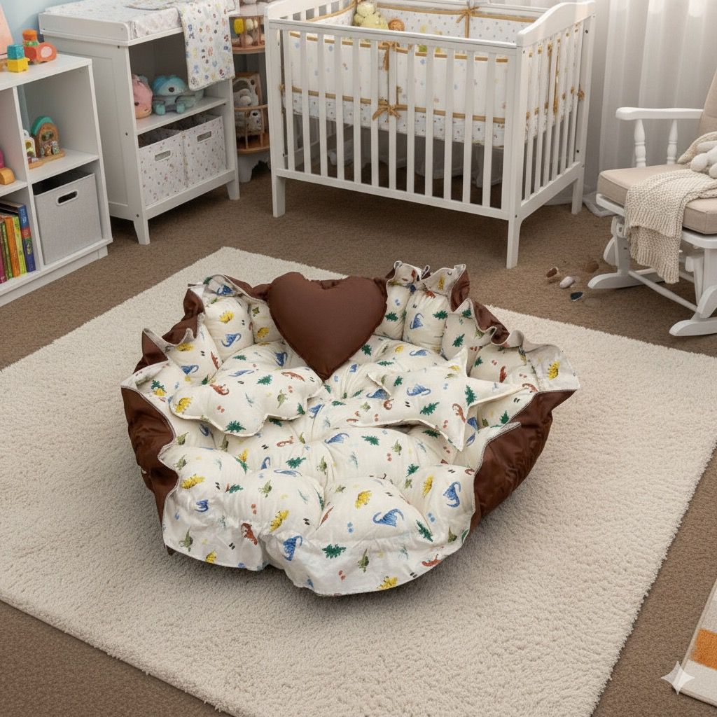 Printed Cotton Baby Round Cot with Pillows-Brown Animal