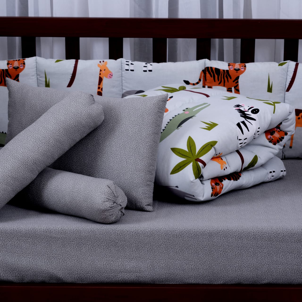 Printed Cotton Baby Cot Set-9 pcs-Gray Jungle