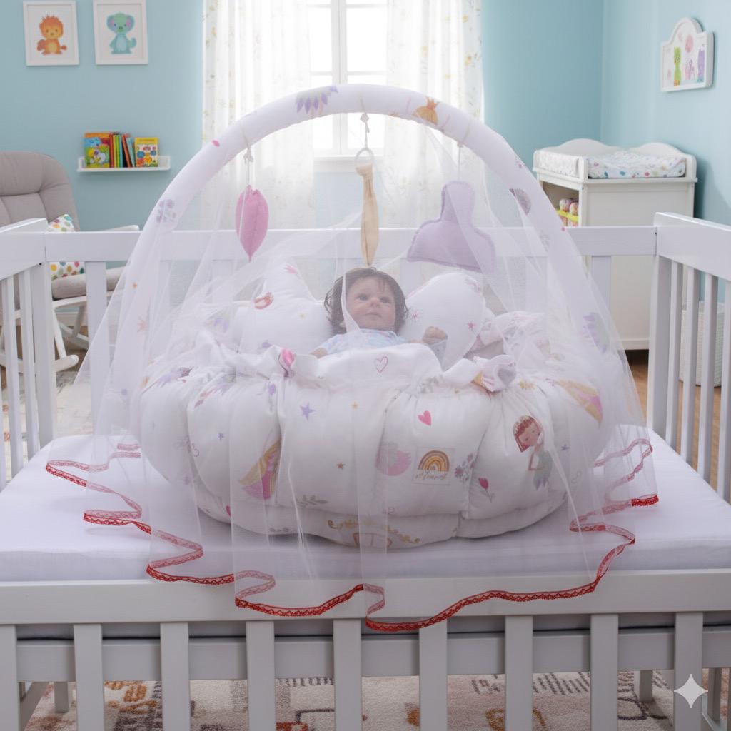 Printed Cotton Baby Round Cot with Pillows & Mosquito Net-White