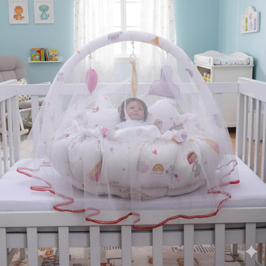 Printed Cotton Baby Round Cot with Pillows & Mosquito Net-White