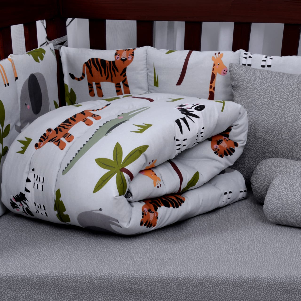 Printed Cotton Baby Cot Set-9 pcs-Gray Jungle