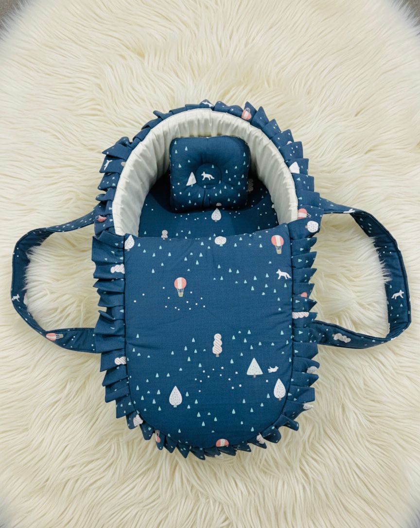 Printed Cotton Baby  Basket with Head Pillow- Blue Adventure
