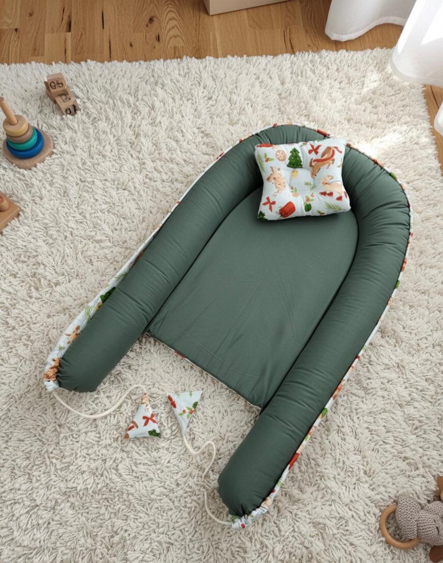 Two Sided  Printed Baby Nest with Head Pillow-Green