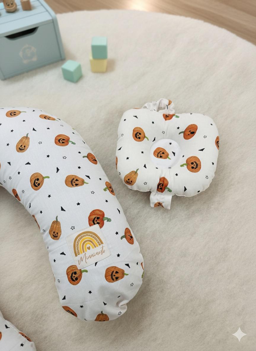 Printed Cotton Baby Nursing Pillow with Removable Cover & Head Pillow- White Pumpkin