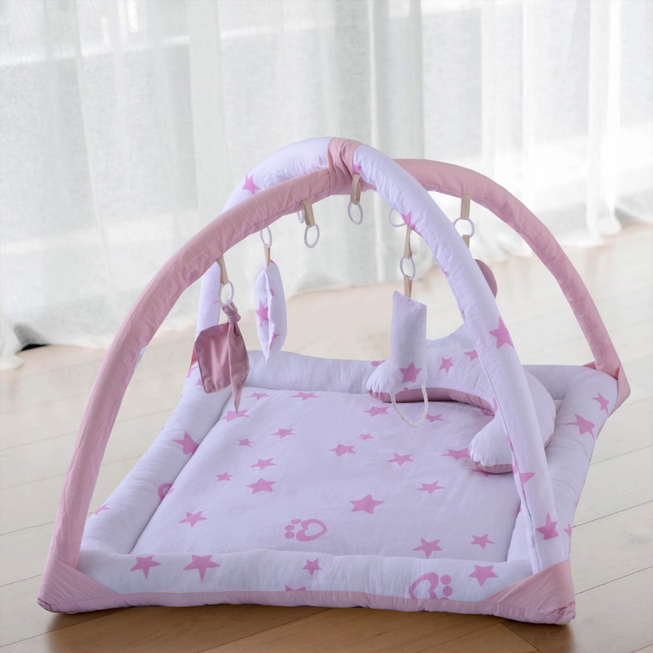 Printed Cotton Baby Playing Mat with Hanging Cushions & Pillow- Pink Star