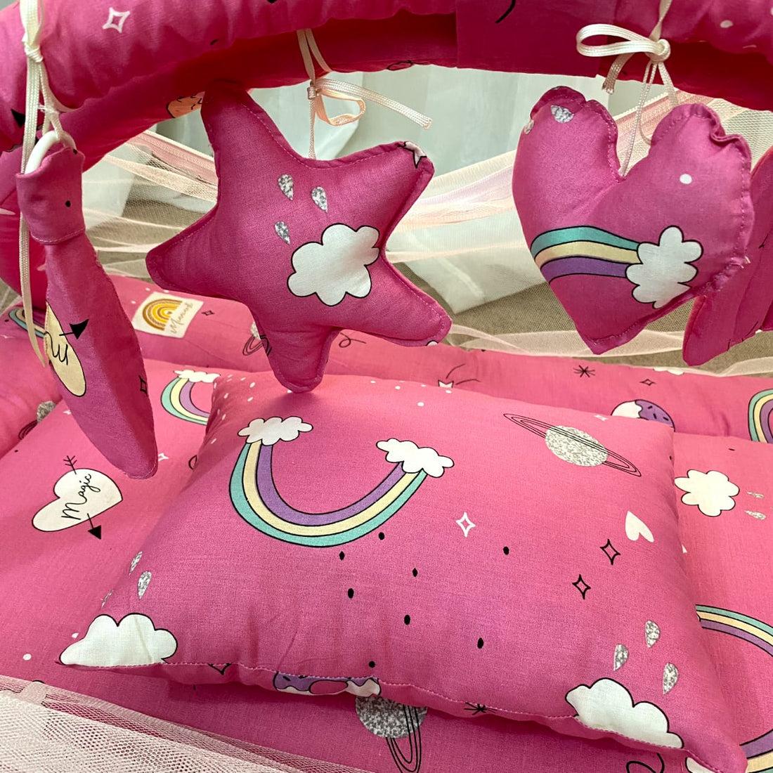 Baby Snuggle Mosquito Net with Pillow & Toy Hangings-Pink Rainbow