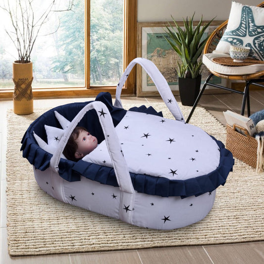 Printed Cotton Baby Mosses Basket with Head Pillow-Blue Star