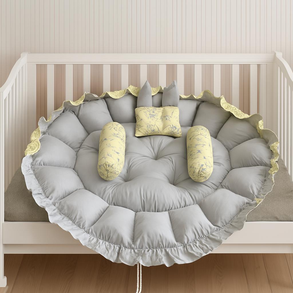 Printed Cotton Baby Round Cot with Pillows- Light Gray