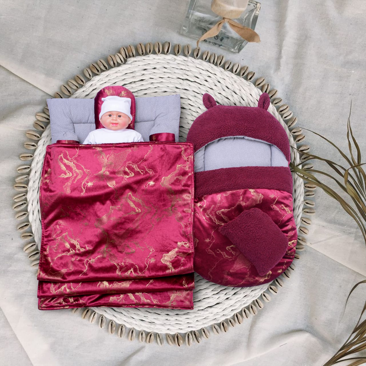 Texture velvet/Sherpa Baby Set, 7 pcs-Maroon