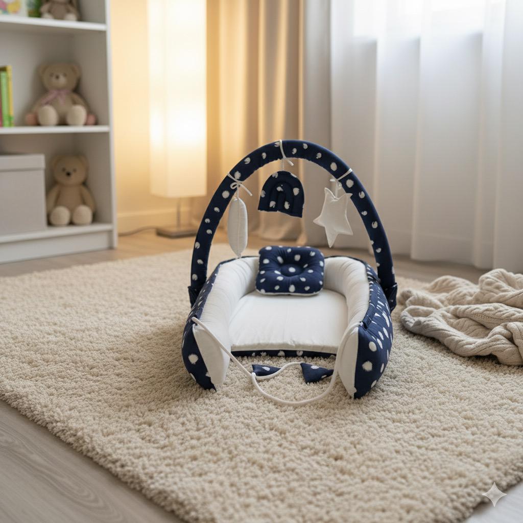 Printed Cotton Baby Snuggle Bed with Hanging Rod & Head Pillow- Navy Blue