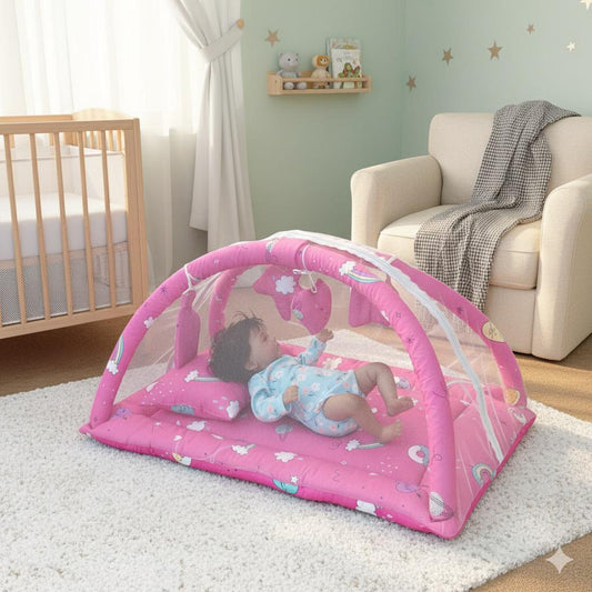 Baby Snuggle Mosquito Net with Pillow & Toy Hangings-Pink Rainbow