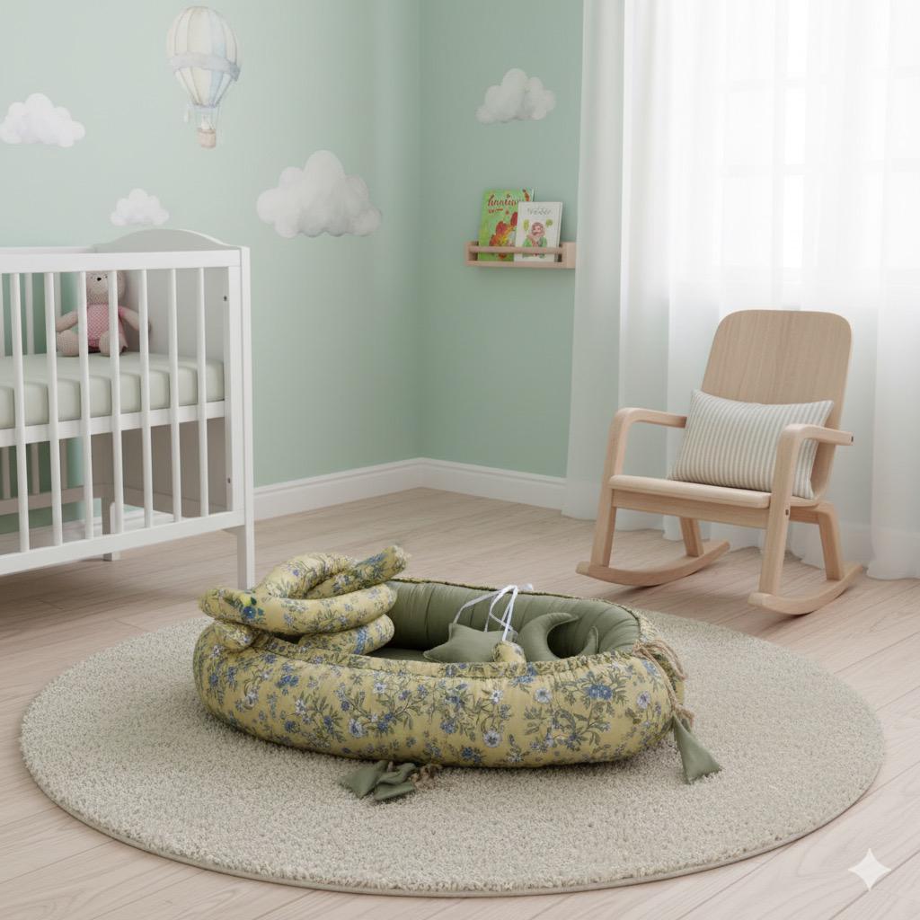 Printed Baby Nest with Hanging Rod- Green Flowers