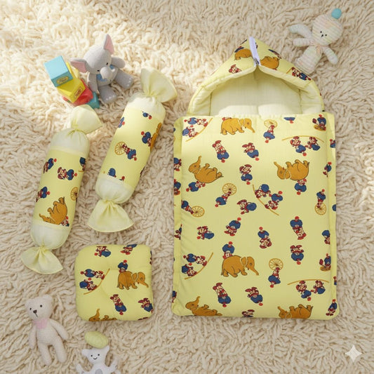 Cotton Printed Baby Carry Nest with Pillows-Yellow