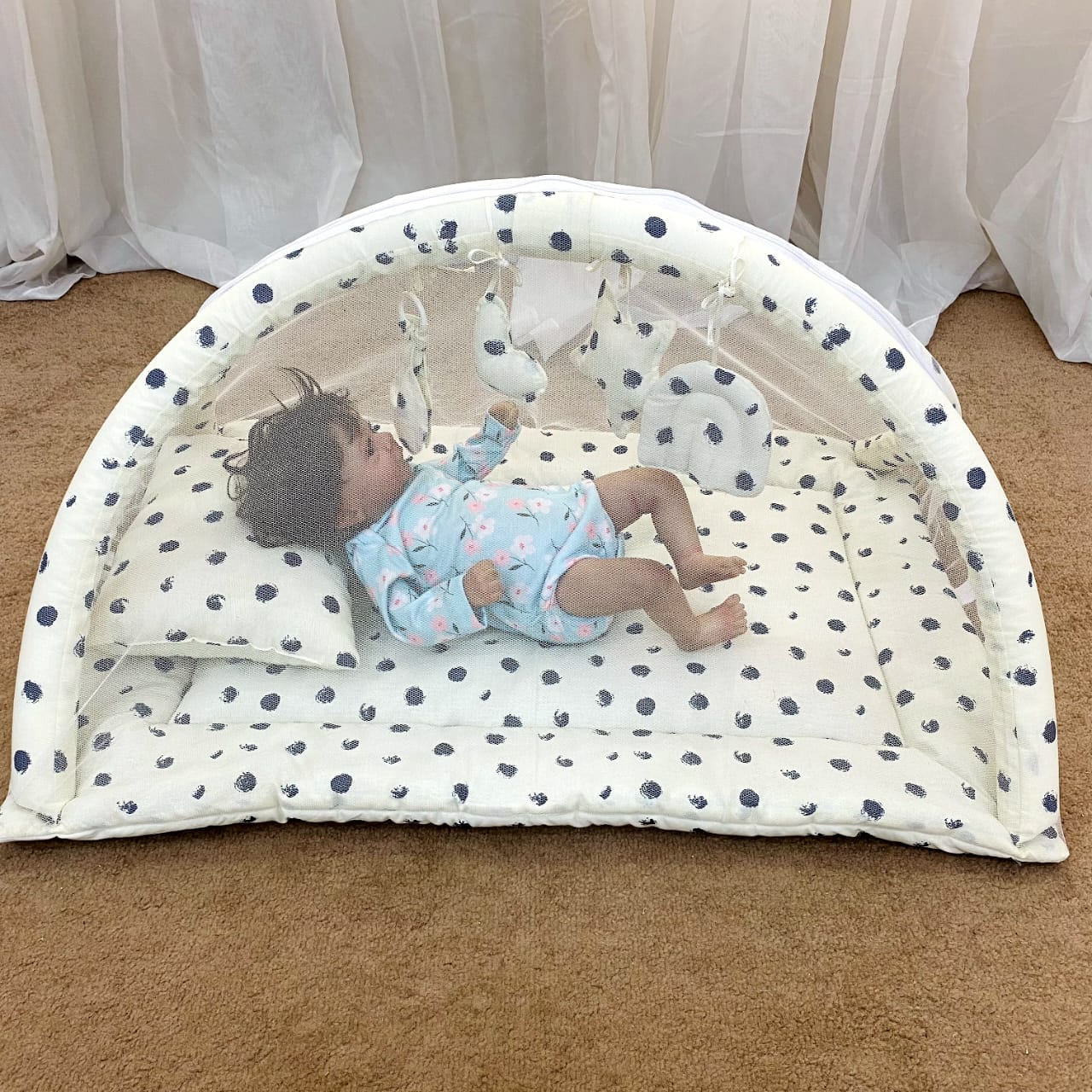 Baby Snuggle Mosquito Net with Pillow & Toy Hangings- White Dotted