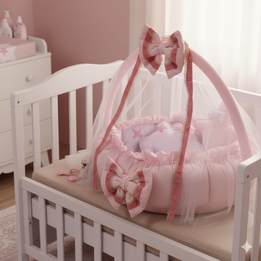 Luxury Baby Round Cot with Pillows & Net- Pink Star