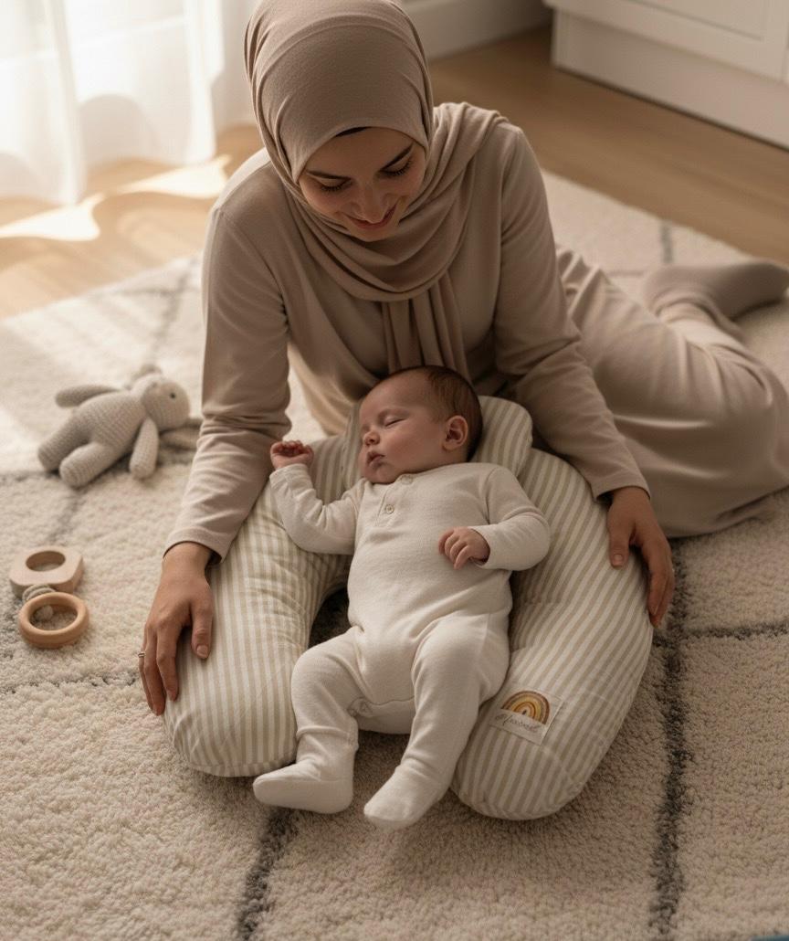 Printed Cotton Baby Nursing Pillow with Removable Cover & Head Pillow-Beige Stripes