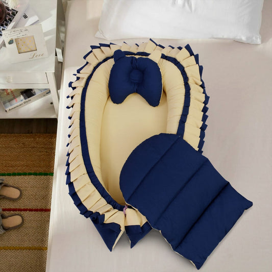 Double Frilly Cotton baby Nest with Pillow-Yellow & Navy Blue