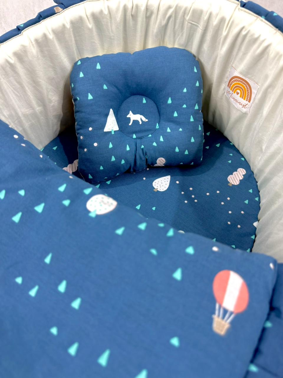Printed Cotton Baby  Basket with Head Pillow- Blue Adventure