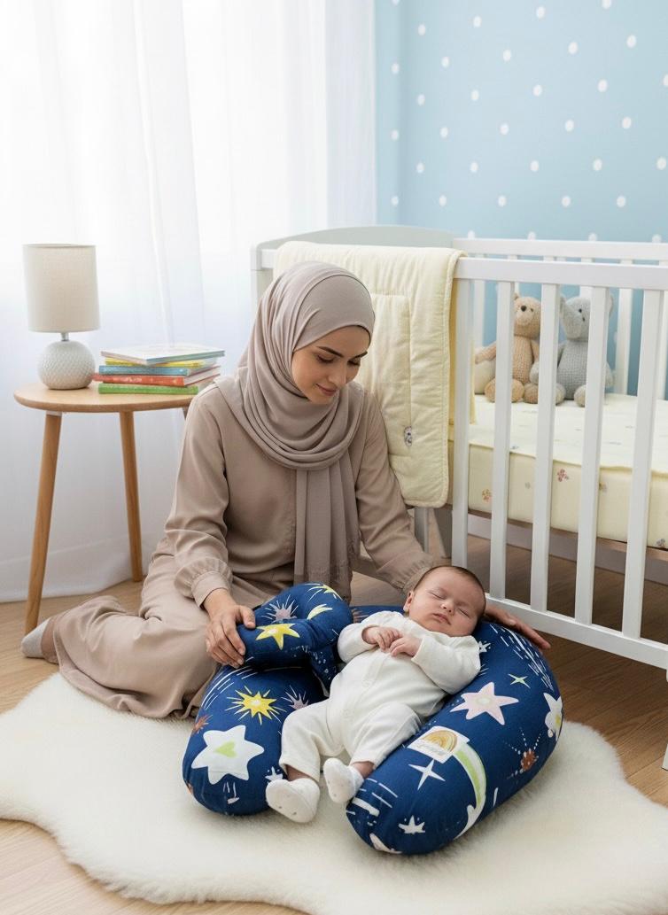 Printed Cotton Baby Nursing Pillow with Removable Cover & Head Pillow- Shiny Stars