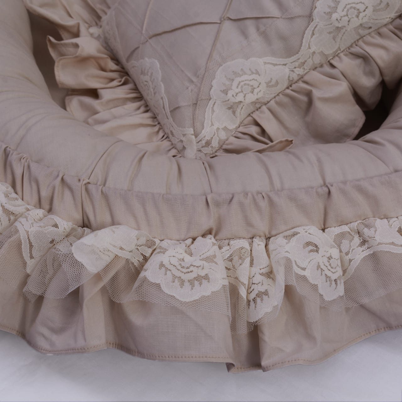 Luxury Double Frilly Baby Nest with Pillow-Beige