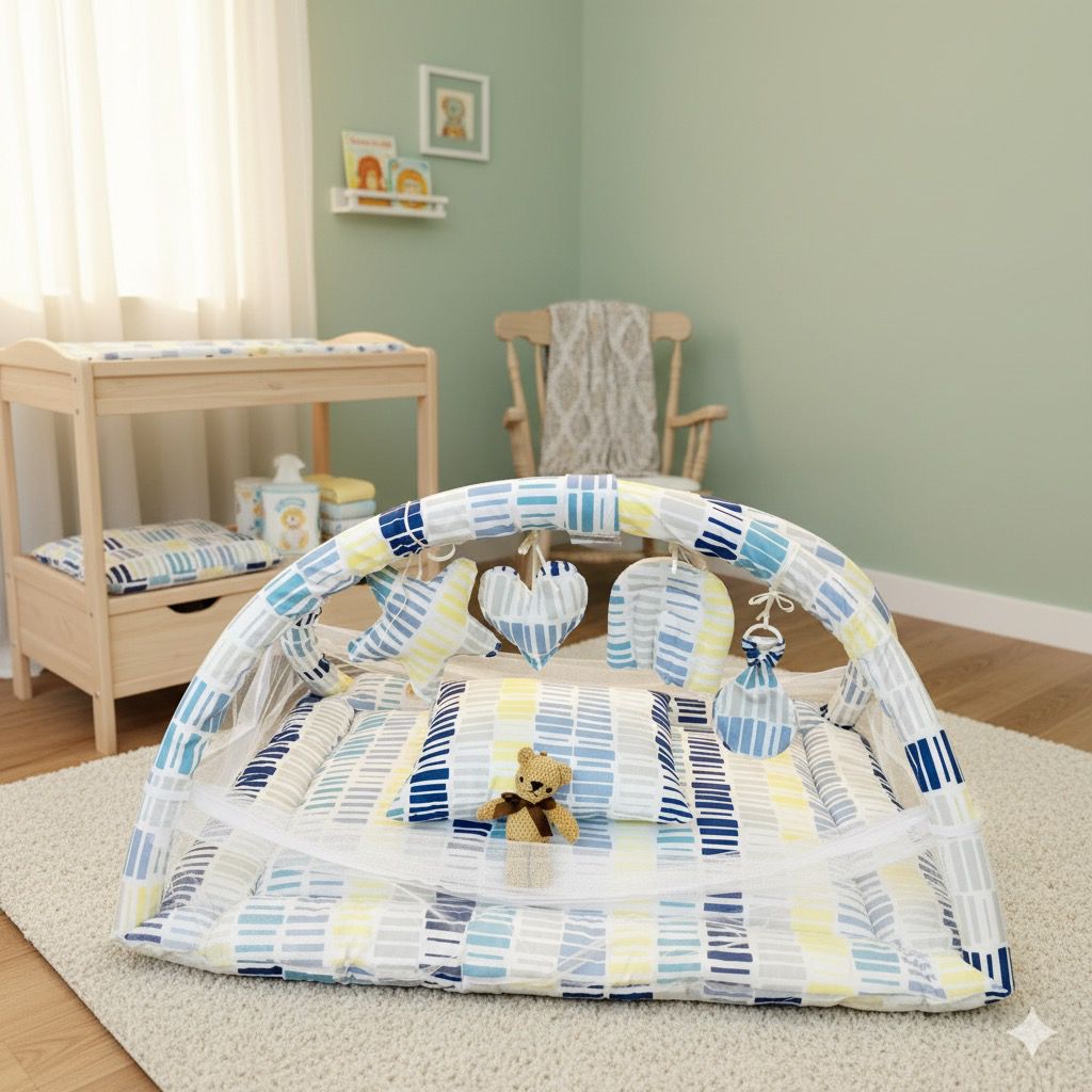 Baby Snuggle Mosquito Net with Pillow & Toy Hangings- White Lining