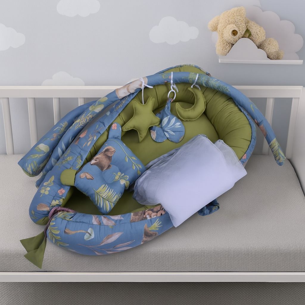Printed Cotton Baby Snuggle set with Mosquito Net-Olive Deer