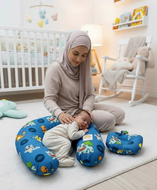 Printed Cotton Baby Nursing Pillow with Removable Cover & Head Pillow- Little Dino