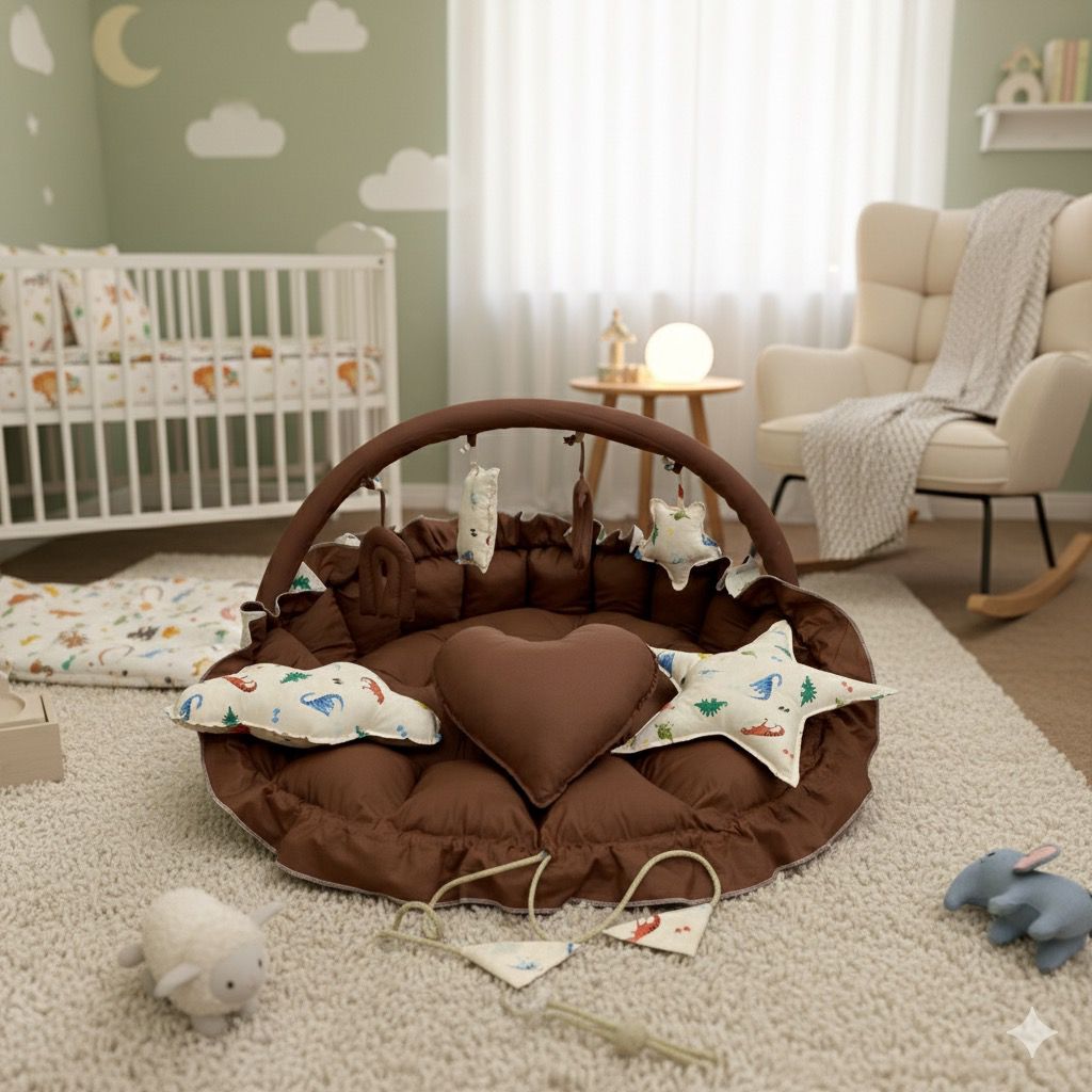 Printed Cotton Baby Round Cot with Pillows-Brown Animal