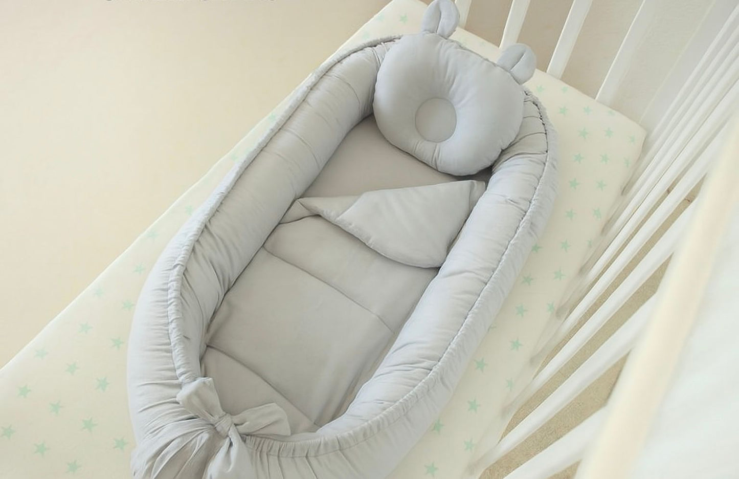Cotton Baby Nest with Head Pillow-Light Gray