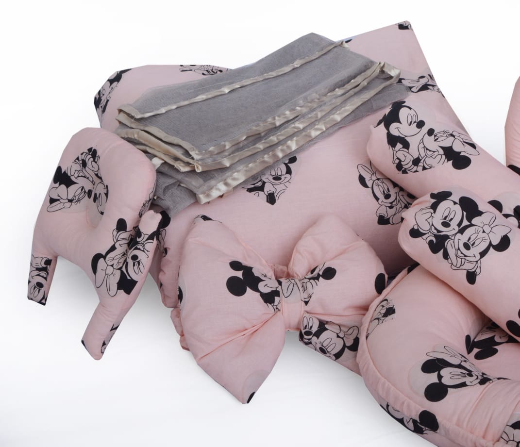 Micky Mouse Printed Baby Bed Set-7 Pcs- Peach