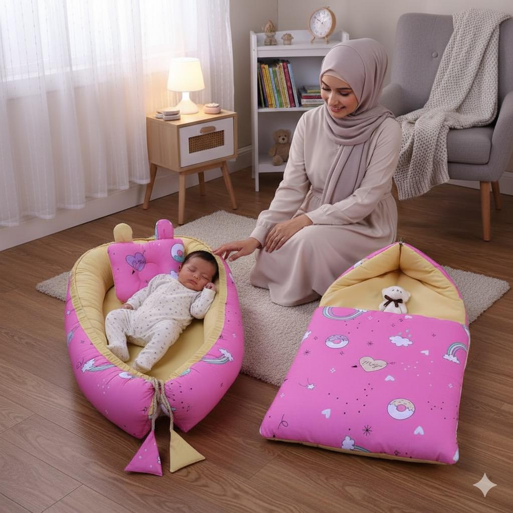 Cotton Baby Nest with Carry Nest- Pink Rainbow