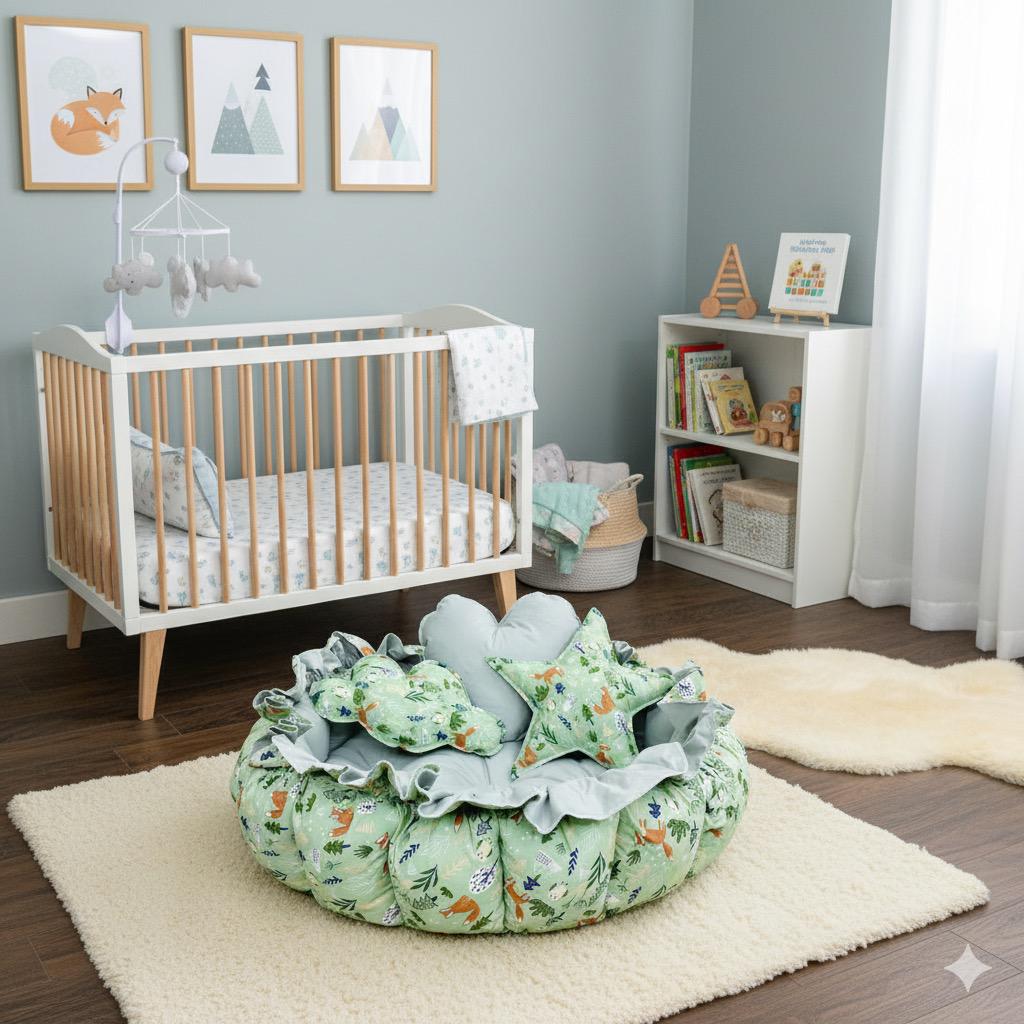 Printed Cotton Baby Round Cot with Pillows-Little Trees
