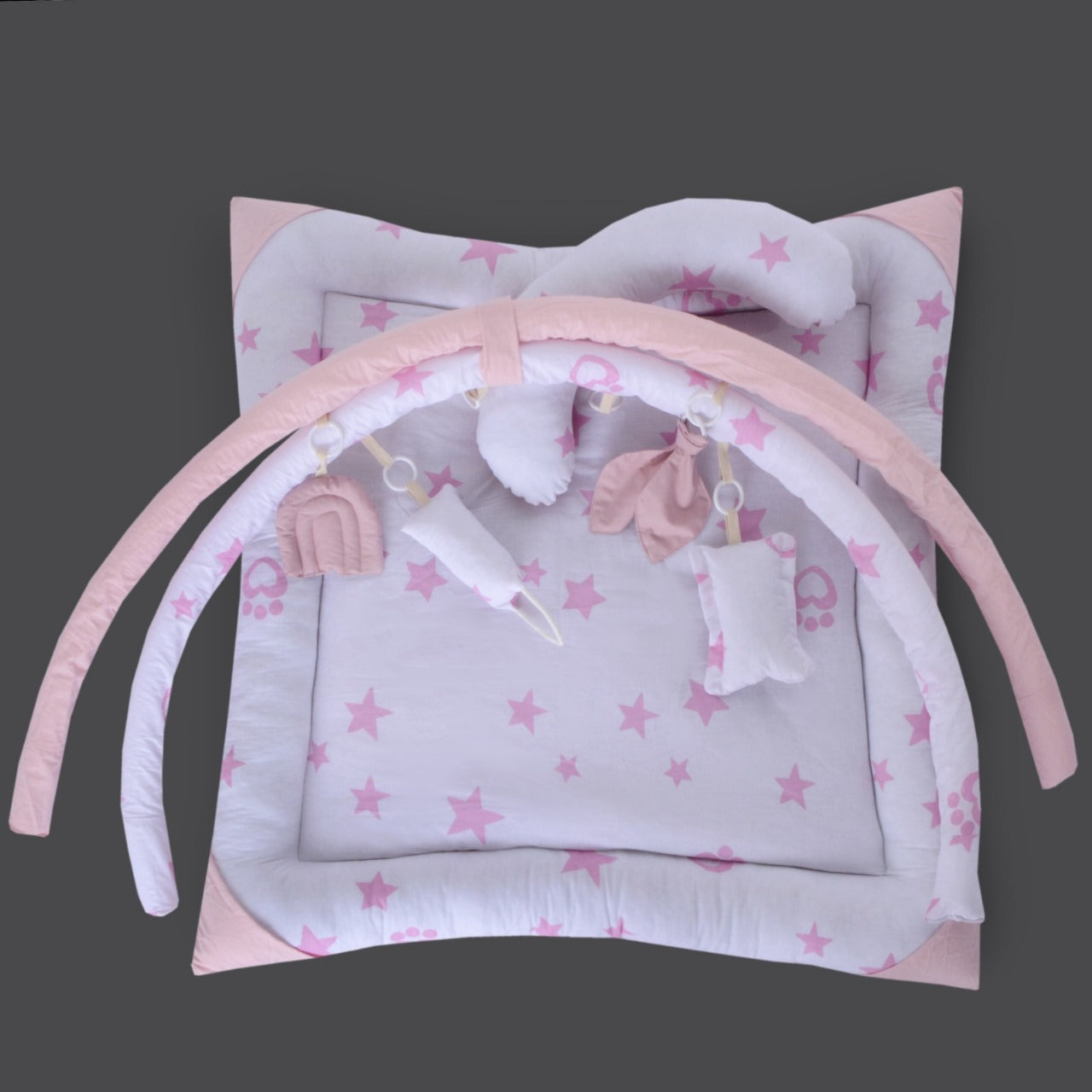 Printed Cotton Baby Playing Mat with Hanging Cushions & Pillow- Pink Star