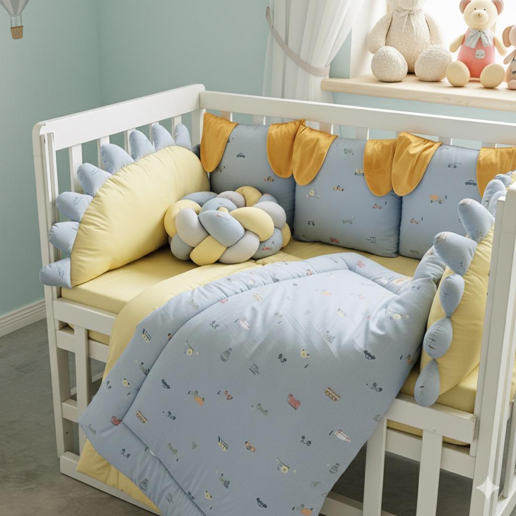 Printed Cotton Baby Cot Set-8 Pcs- Gray Transport