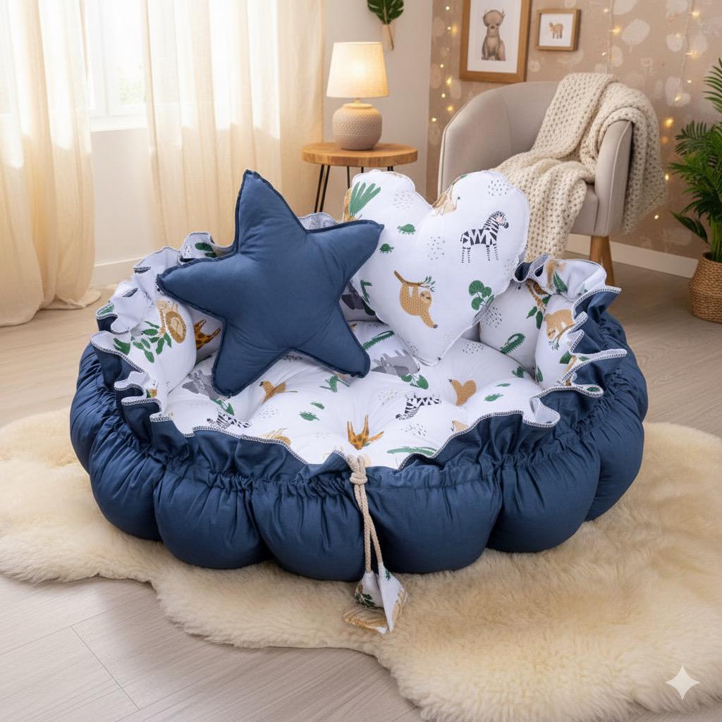Printed Baby Round Cot with Pillows- Teal Forest
