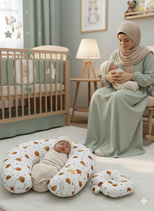 Printed Cotton Baby Nursing Pillow with Removable Cover & Head Pillow- White Pumpkin