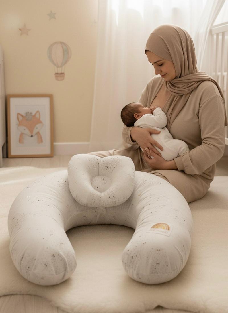 Printed Cotton Baby Nursing Pillow with Removable Cover & Head Pillow- White Dotted