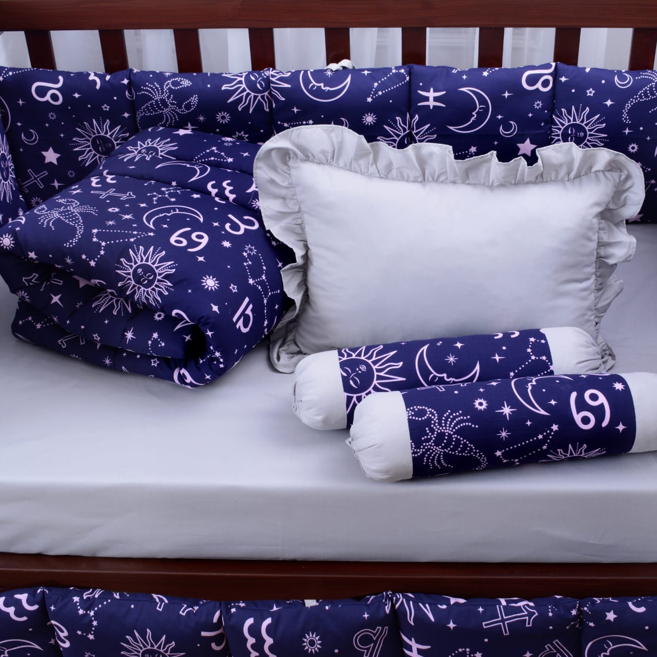 Sunshine Printed Baby Cot Set-9 pcs- Blue & Gray